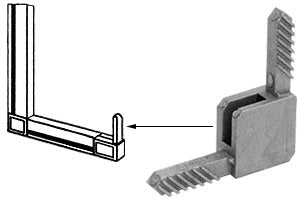 A gray storm window corner connector with locking fins shown next to a diagram of its installation into a square cut frame.