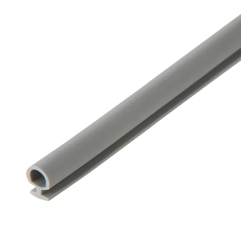A close-up view of a gray vinyl bulb seal showing its T-shaped base and hollow bulb profile.