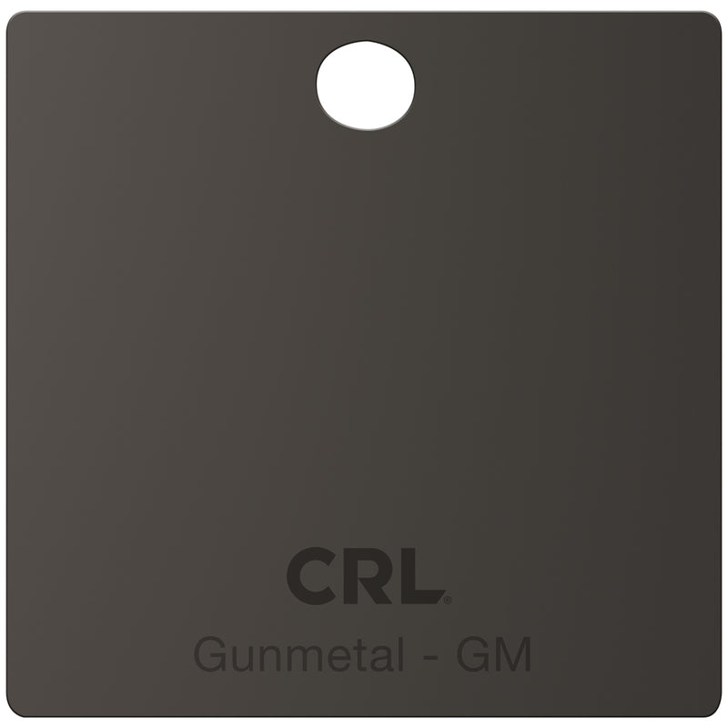 A square brass color sample chip in a gun metal finish with a mounting hole and CRL branding.