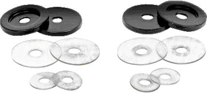 A set of 1-1/4 inch gun metal brass washers and clear protective gaskets for back-to-back pull handles.