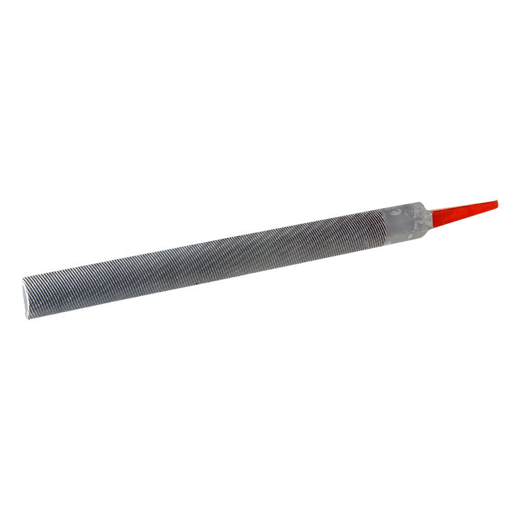 A 12-inch half-round aluminum file with a textured metal surface and a red tapered tang.