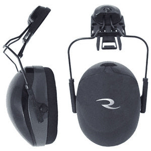 A pair of black CRL hard hat hearing protectors shown from side and front angles with slotted mounting hardware.