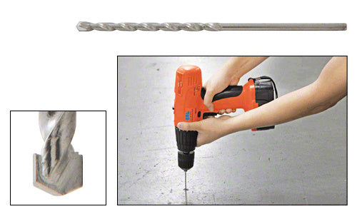 A CRL heavy-duty masonry drill bit shown in isolation and being used with a power drill on a surface.