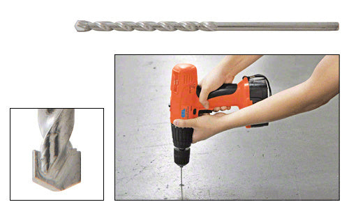 A heavy-duty masonry drill bit shown in isolation, in close-up, and being used with a power drill on a concrete surface.