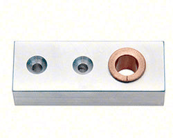 A rectangular metal top door rail pivot arm featuring two mounting holes and a copper-colored spindle bushing.