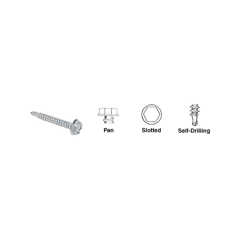 A 12 x 2 inch hex washer head self-drilling screw shown alongside diagrams of its pan head, slotted drive, and self-drilling tip.