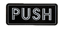 A rectangular black decal with silver PUSH lettering and a thin silver border.