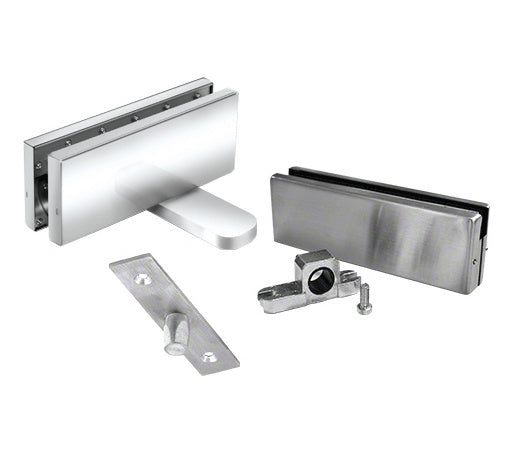 A polished stainless steel hydraulic patch door set including top and bottom patches, pivot components, and mounting hardware.