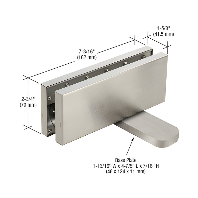 A technical diagram of a brushed stainless steel hydraulic patch fitting showing dimensions and the base plate.
