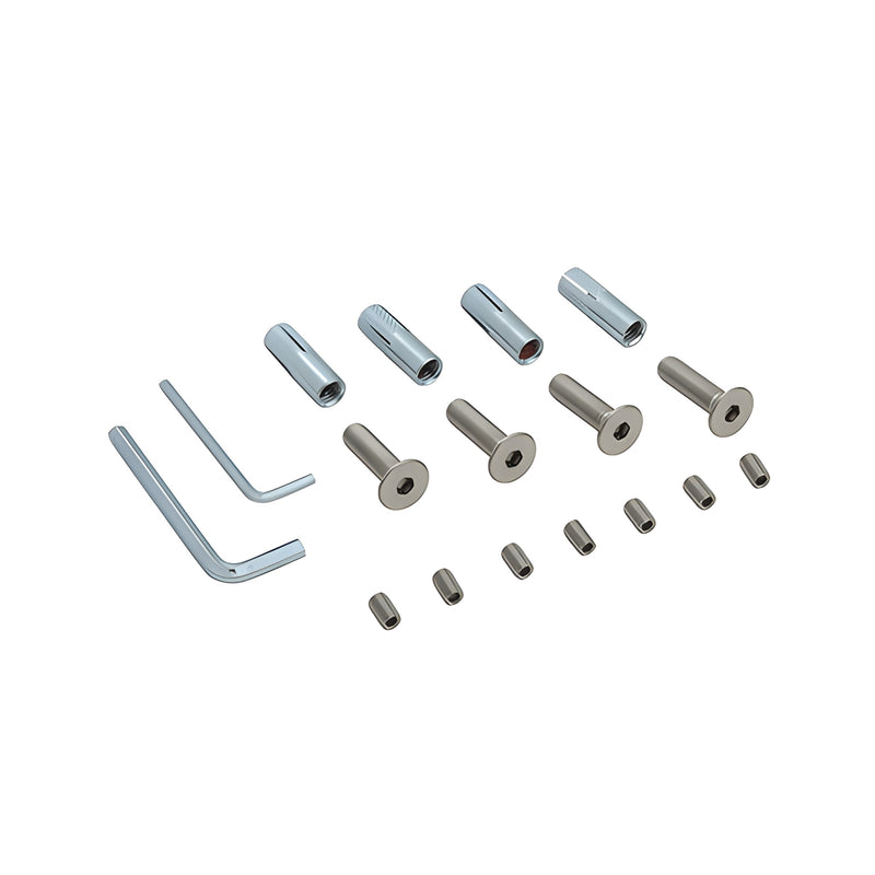 A hardware kit containing brushed stainless steel screws, anchors, and two hex keys for hydraulic patch fittings.