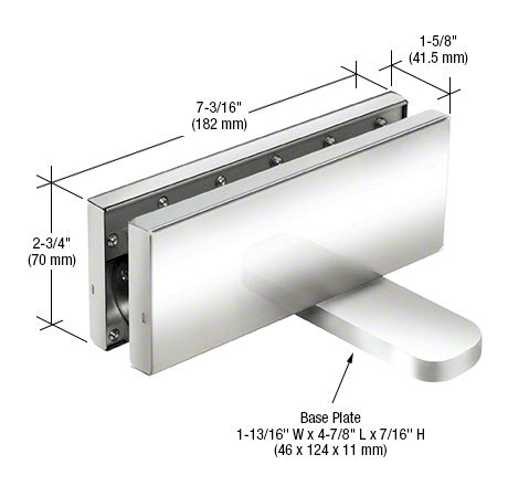 A polished stainless steel hydraulic patch fitting shown with dimensional technical specifications for glass door installation.