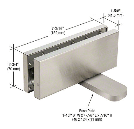 A technical diagram of a brushed stainless steel hydraulic patch fitting showing dimensions and the base plate.