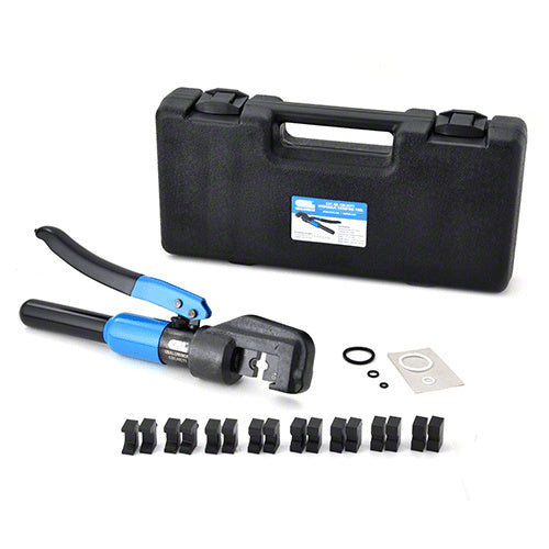 The CRL hydraulic wire crimping tool is displayed with its black carrying case, multiple crimping dies, and small replacement O-rings.