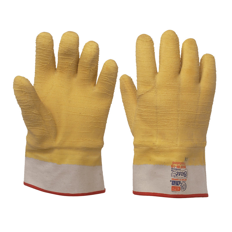 A pair of large natural rubber work gloves with a yellow wrinkle finish and white gauntlet cuffs.
