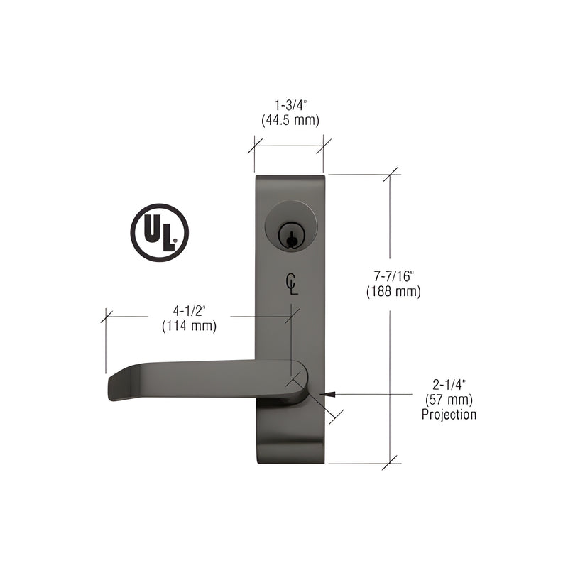 A technical diagram showing the dimensions and profile of a dark bronze Jackson locking flat lever outside trim with a night latch.