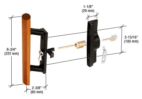 An exploded view diagram of a wood and black aluminum sliding glass door handle set with keyed lock and 3-15/16 inch mounting hole dimensions.