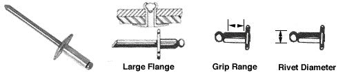 A technical diagram shows a 3/16 inch diameter aluminum rivet with a large flange and its specified grip range.