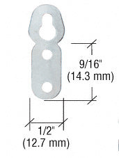 A flat metal oval eyelet hanger shown with dimension lines indicating a 9/16 inch length and 1/2 inch width.