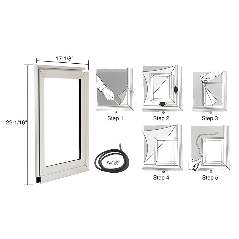 The CRL Large Pet Door Adaptor is shown with its dimensions, installation hardware, and a five-step instructional diagram for assembly.