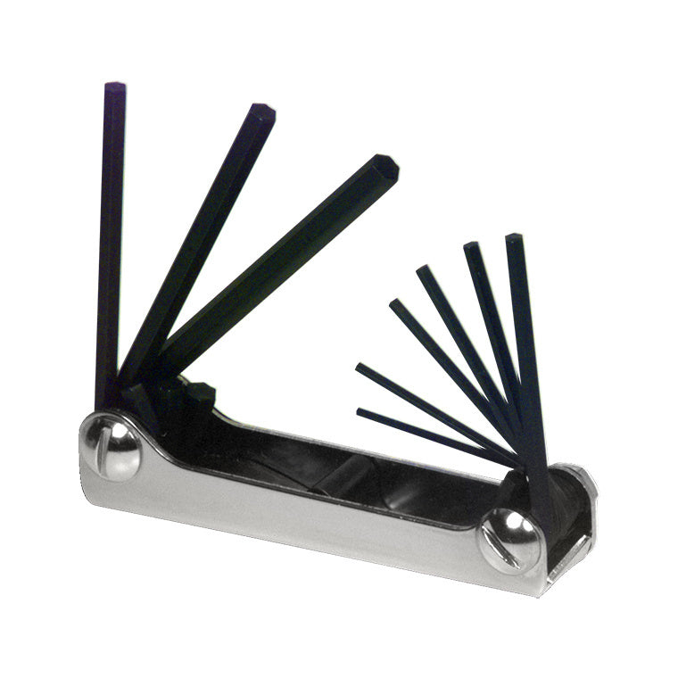 A folding steel Allen wrench set with multiple hex keys extended from a 4-1/4 inch handle.
