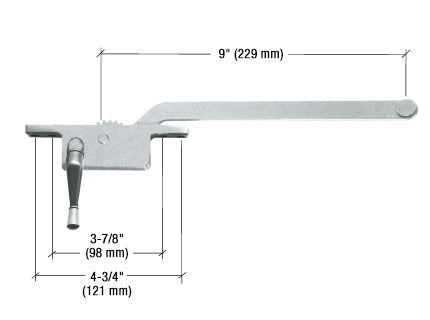 A technical diagram of a left-hand aluminum casement window operator with a 9-inch arm and labeled mounting hole dimensions.