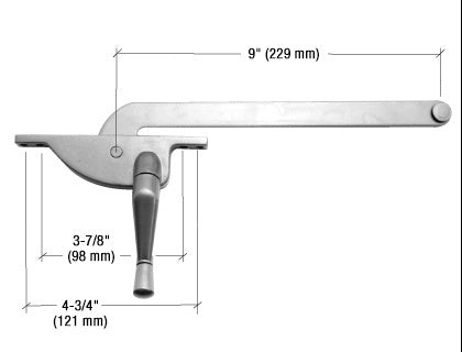 A technical diagram of a left-hand aluminum teardrop casement window operator showing a 9-inch arm length and mounting hole dimensions.