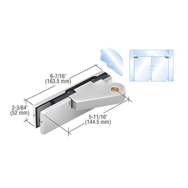 A technical diagram showing the dimensions and components of a polished stainless steel left offset top door patch fitting for glass doors.
