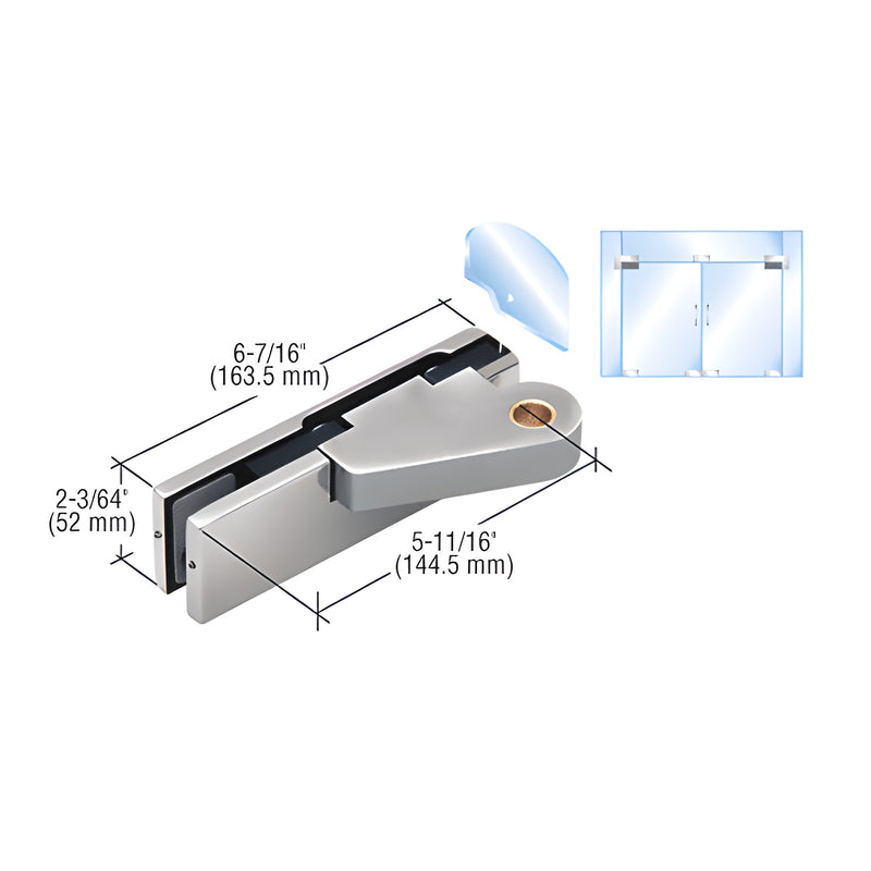A technical diagram showing the dimensions and components of a brushed stainless steel left-hand offset top door patch fitting for glass doors.