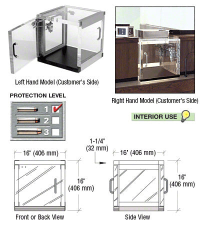 A clear acrylic left-hand package receiver with UL 752 Level 1 bullet protection shown in product diagrams and installation views.