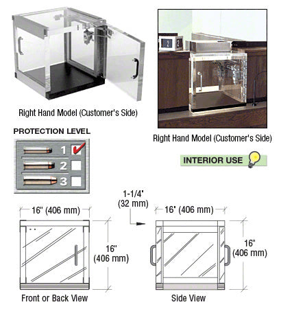 A clear acrylic right-hand package receiver designed for UL 752 Level 1 bullet protection, shown with technical dimensions and installation examples.