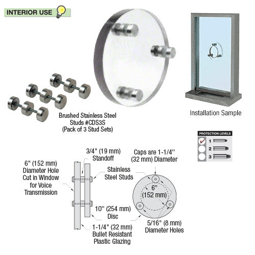 A 10-inch clear acrylic bullet-resistant speak-thru disc shown with stainless steel mounting studs and an installation diagram.