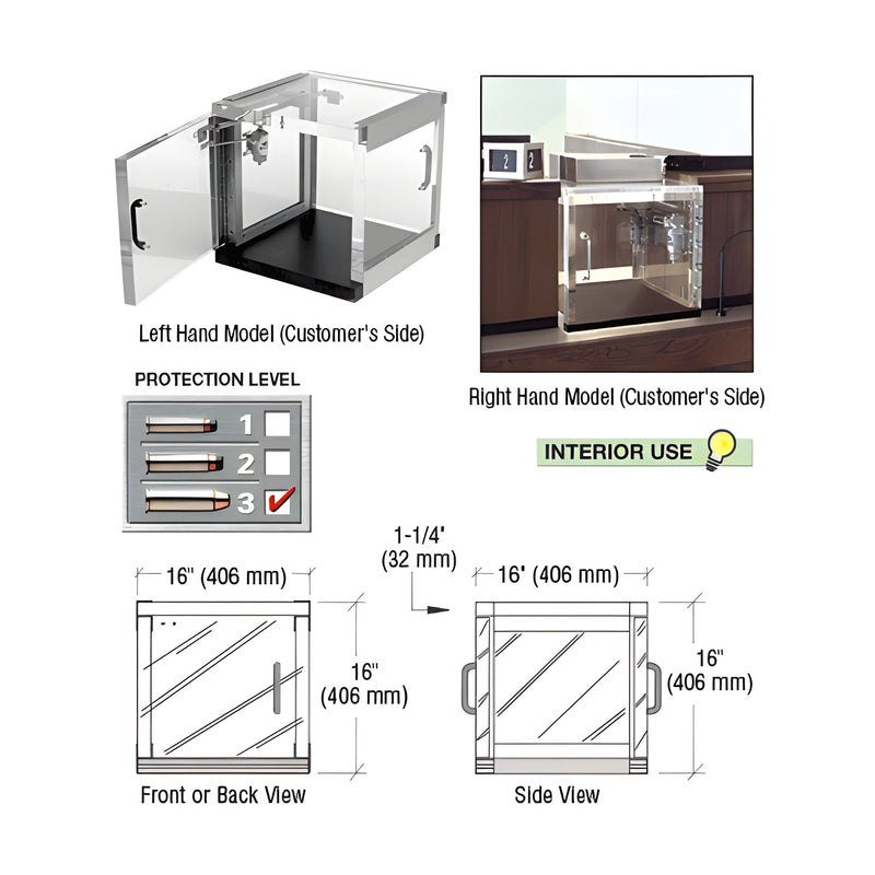 A technical diagram showing the dimensions, protection level, and installation views of the clear Lexgard bullet-resistant package receiver.