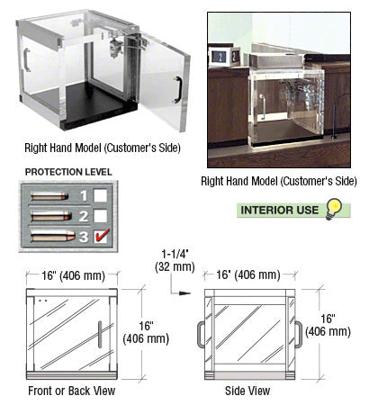 A right-hand CRL bullet-resistant package receiver made of clear Lexgard shown in product views and technical diagrams.