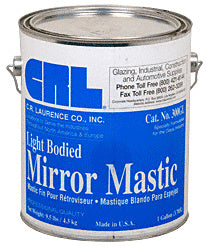 A 2-gallon metal can of CRL Light-Bodied Mirror Mastic with blue and white product labeling.