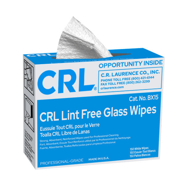 A blue box of CRL lint-free glass wipes with a single white paper sheet protruding from the top.