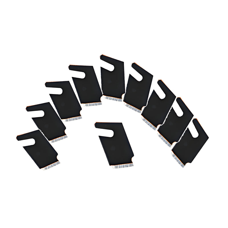A collection of black CRL long replacement plastic cutting blades arranged in an arc.