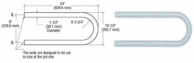 A technical diagram and product view of a 24-inch aluminum looped hand rail return for 1-1/2 inch diameter tubing.