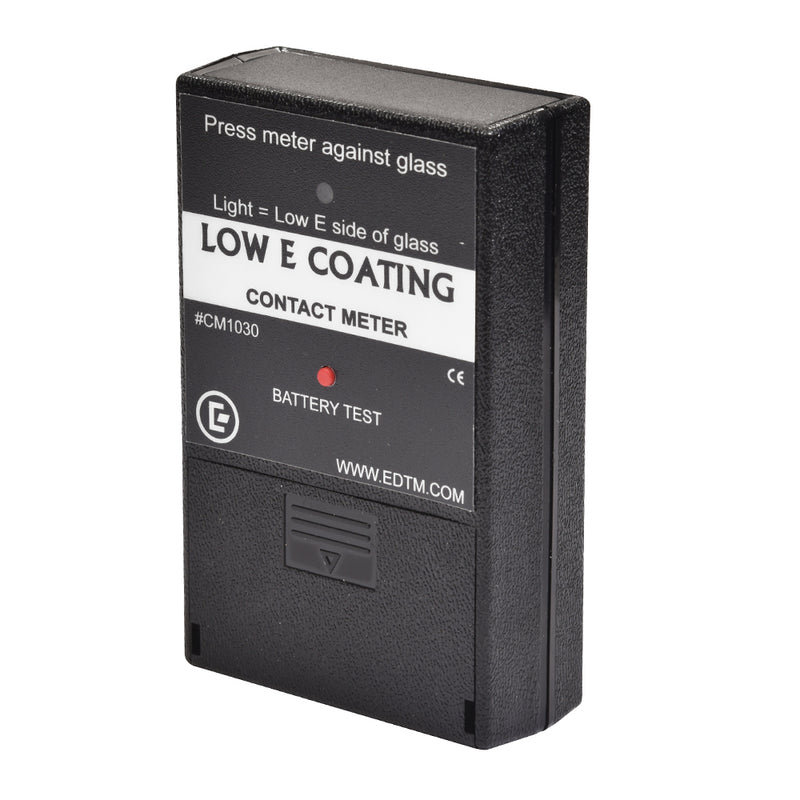 The front of the black CRL Low-e Coating Contact Meter shows instructions for use and a battery test button.