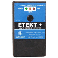 The ETEKT+ handheld Low-E coating detector features a blue control panel with three indicator lights and a black casing.