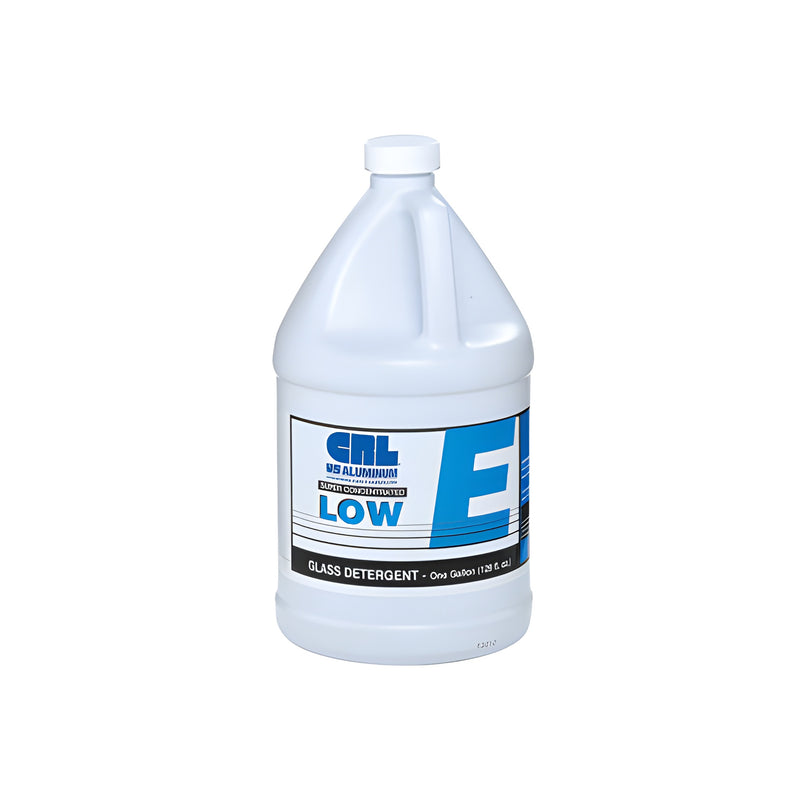 A one-gallon white plastic jug of CRL Low-e glass washing machine detergent with a blue and white label.