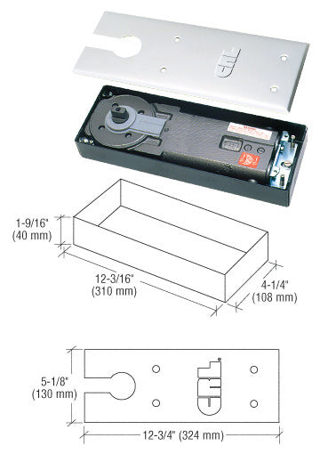 A floor mounted door closer unit shown with its metal cover plate and a technical line drawing displaying dimensions.