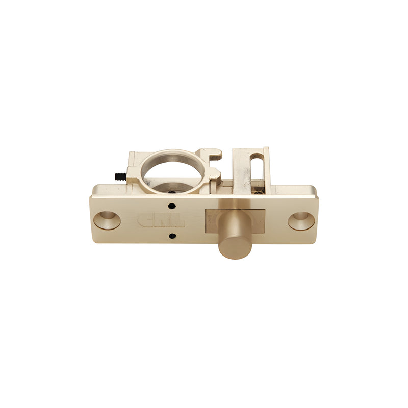 A zinc CRL lock for a low profile rail featuring a mounting plate and cylindrical locking mechanism.