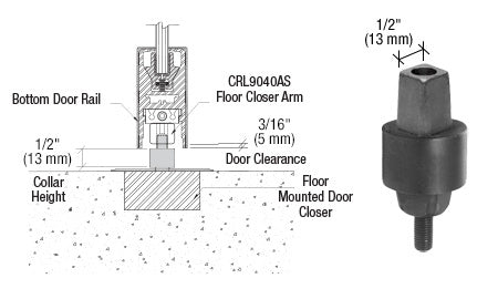 A diagram showing the installation of a Mab type spindle with a floor closer and a standalone view of the aluminum square tapered spindle.