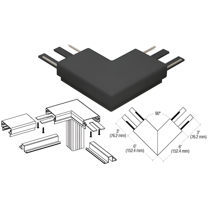 A matte black 90-degree top cap corner piece shown with technical line drawings and installation dimensions.