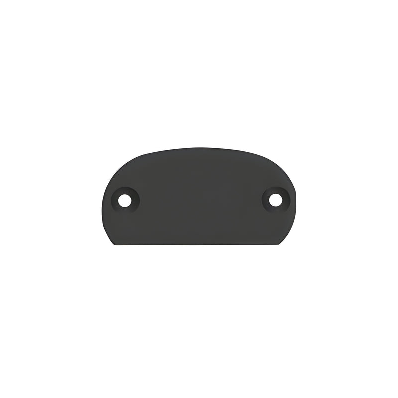 A matte black 320X series decorative end cap featuring two pre-drilled mounting holes.
