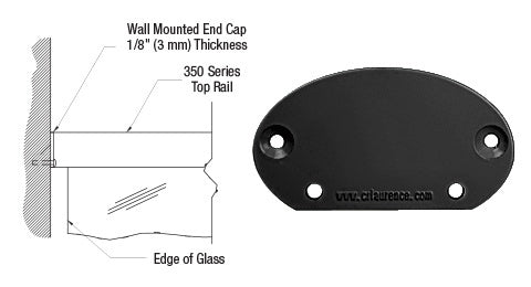 A matte black wall mount end cap for 350 series top rails shown alongside a technical diagram of its installation against a wall.