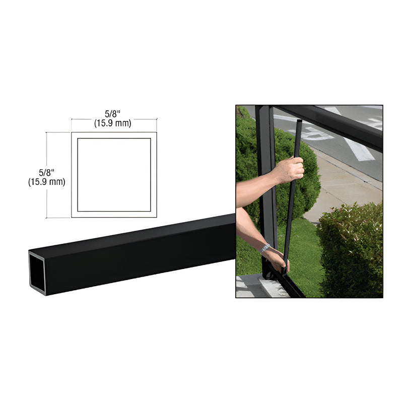 A matte black aluminum picket with a 5/8-inch square profile being installed into a railing system.