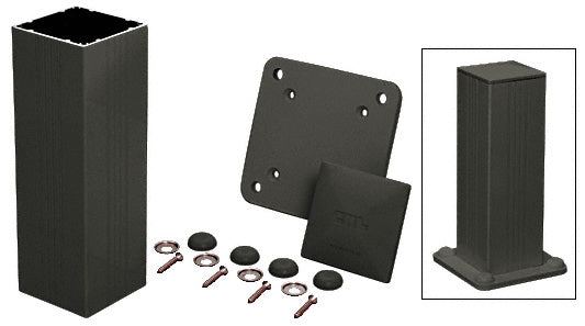 A CRL matte black aluminum square post kit featuring a 42-inch post, base plate, mounting hardware, and a fully assembled view.
