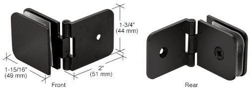 Front and rear views of a matte black brass adjustable wall mount glass clamp with dimension labels.