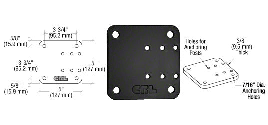 A technical diagram and product view of a 5-inch by 5-inch matte black aluminum offset base plate with anchoring hole dimensions.